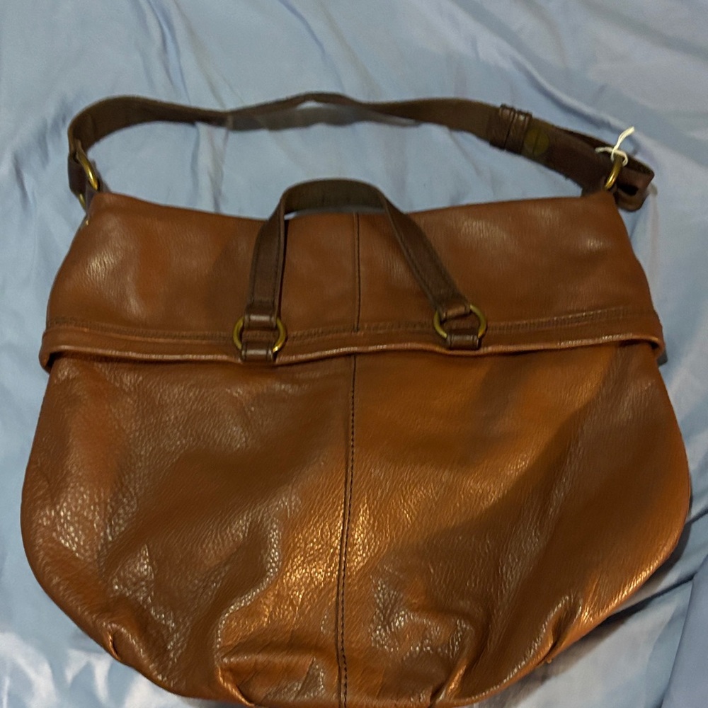 EUC Lucky Brand Foldover Zip Flap Dark Brown Leather Handbag